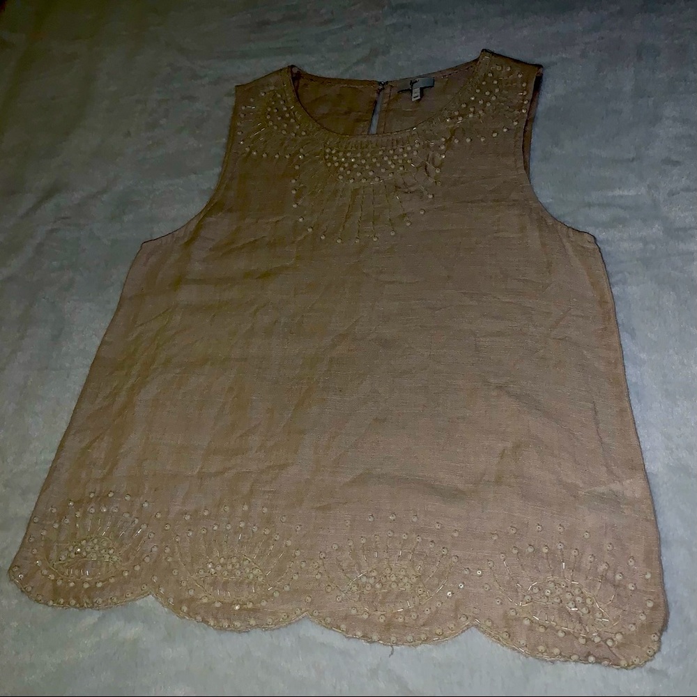 Joie 100% Raw Silk Boho Style Beaded Beige Tan Womens Sleeveless Blouse - Size L